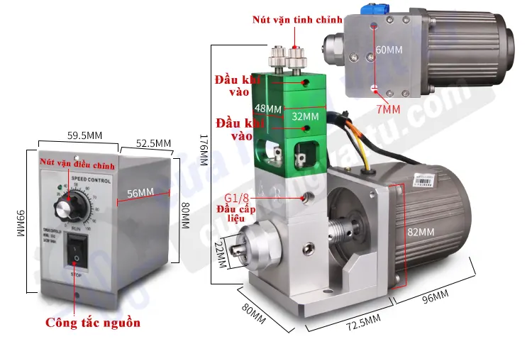 Kích thước bộ đầu van trộn và cấp keo AB