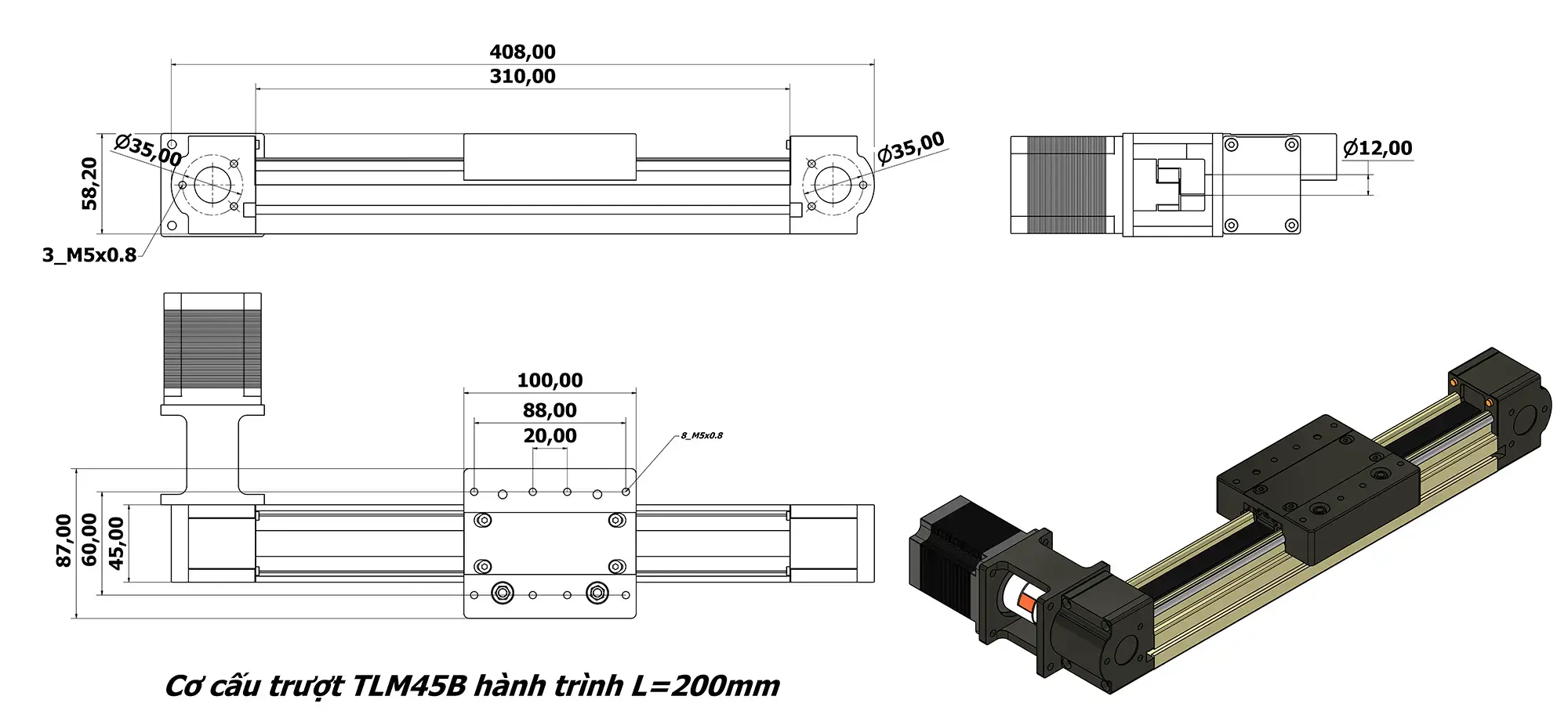 bản vẽ của cơ cấu tlm45b hành trình 200mm